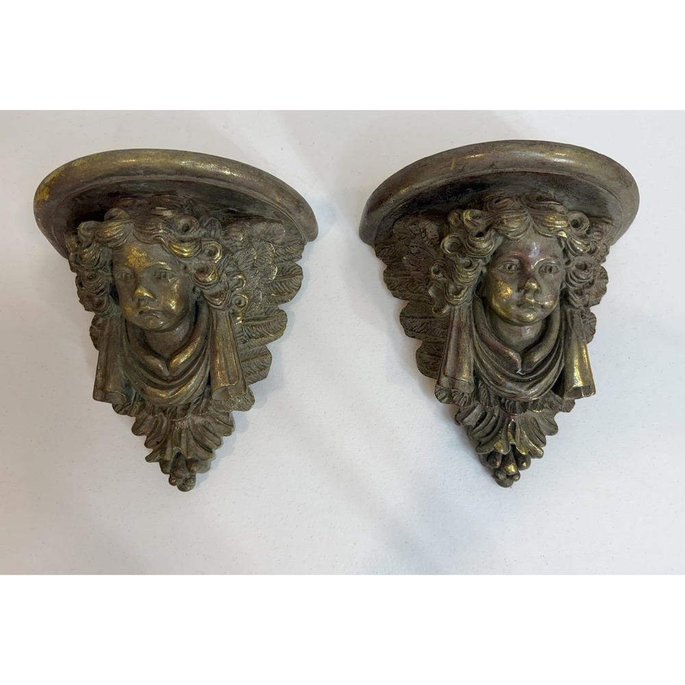 Set of 2 Cherub Angel Wall Shelves Resin Wall Sconces Gold Hanging Decor